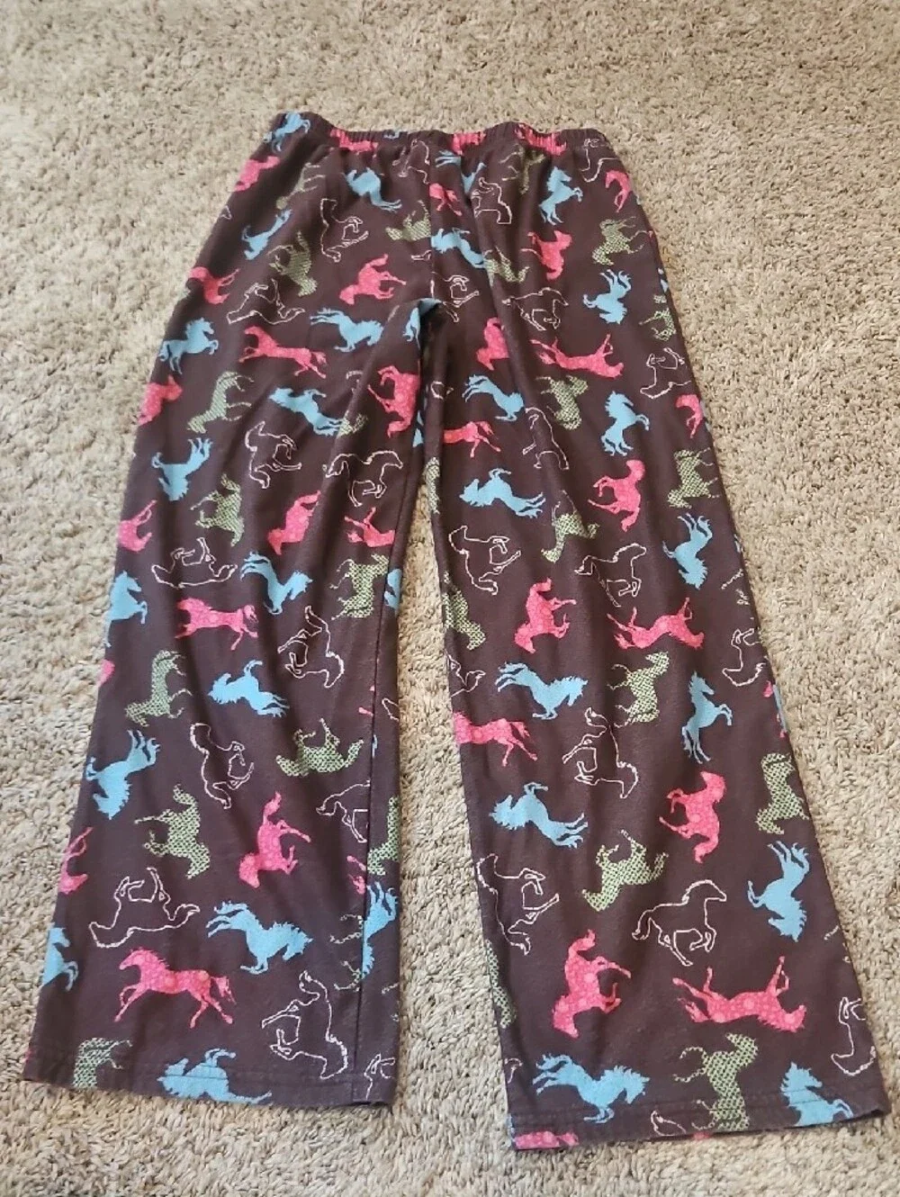 Kids Brown Horse-Print Pajama Pants in Pink Blue Green
